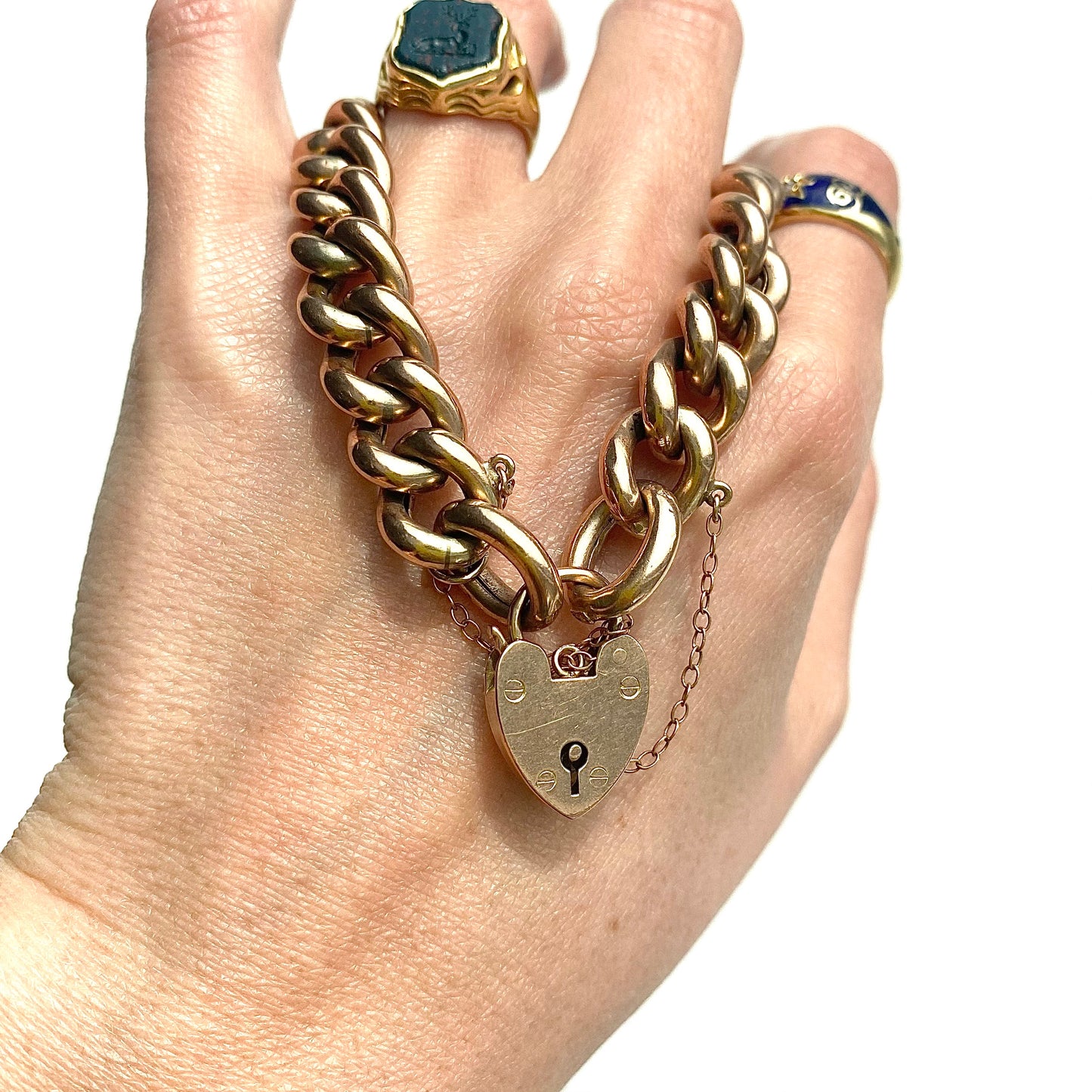 Fantastic Chunky Rosey Antique 9ct Gold Curb Bracelet with Heart Padlock | 7.5" | 11mm