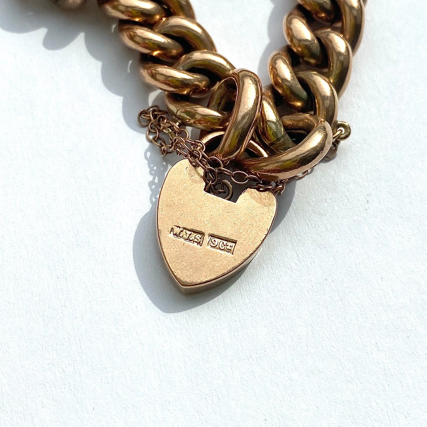 Fantastic Chunky Rosey Antique 9ct Gold Curb Bracelet with Heart Padlock | 7.5" | 11mm