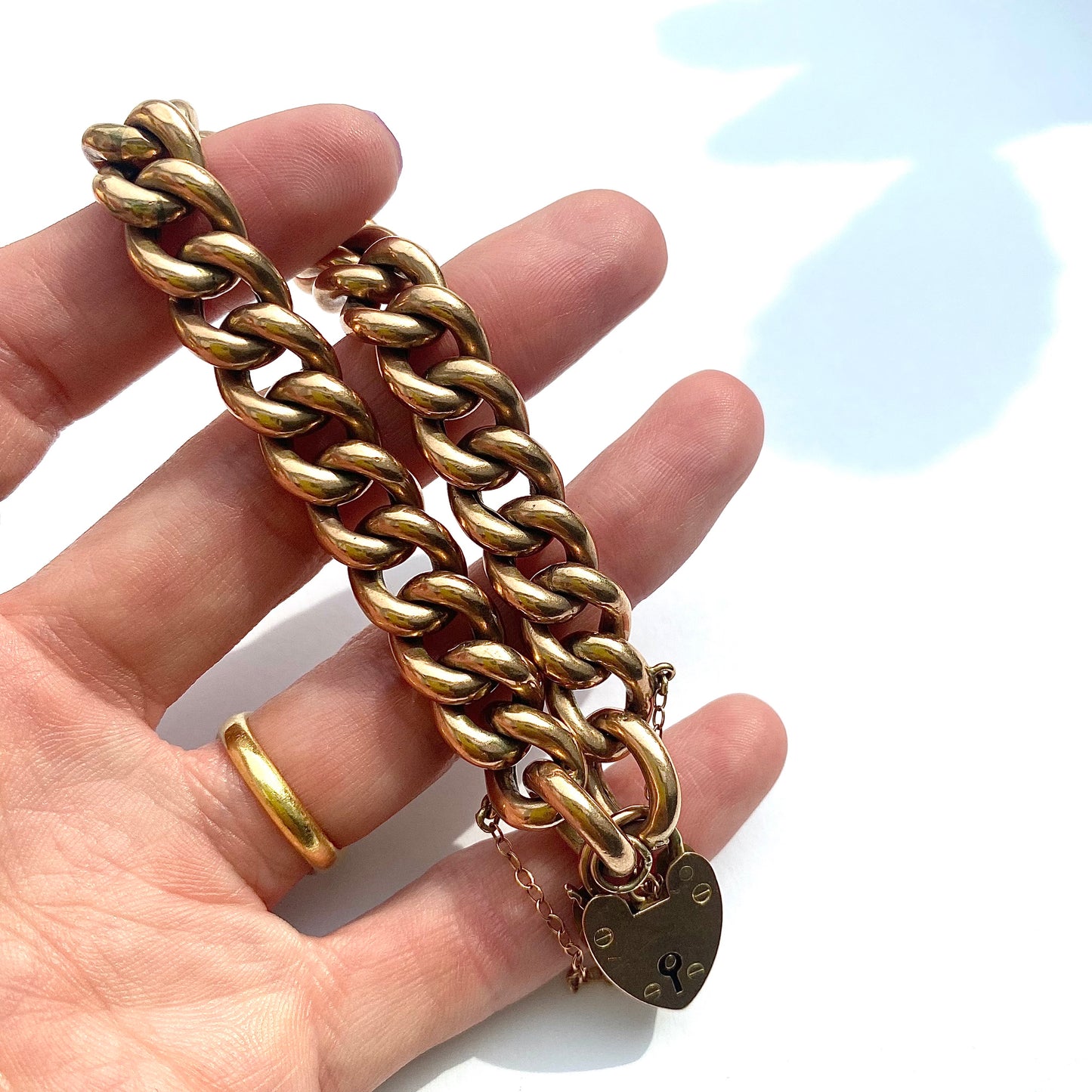 Fantastic Chunky Rosey Antique 9ct Gold Curb Bracelet with Heart Padlock | 7.5" | 11mm