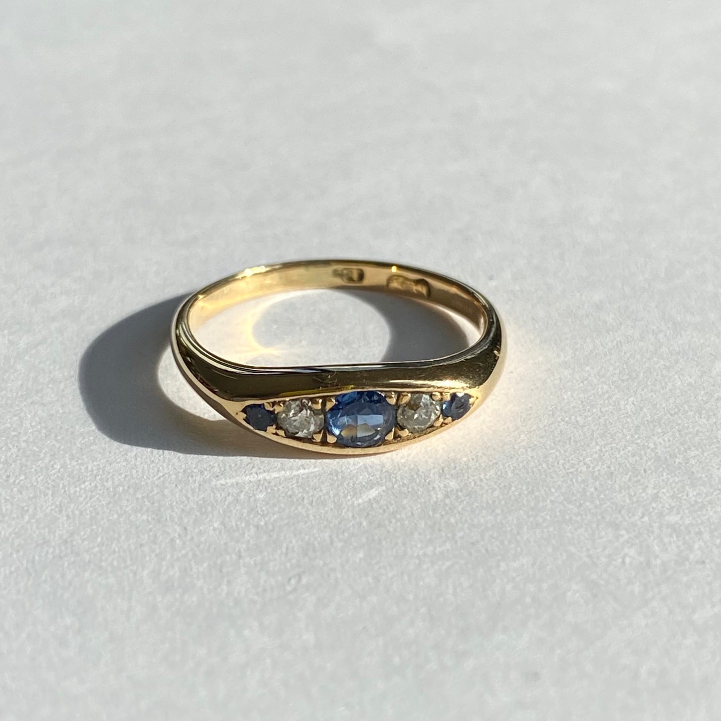 18ct Gold, Diamond and Sapphire Boat Ring | Size UK M.75