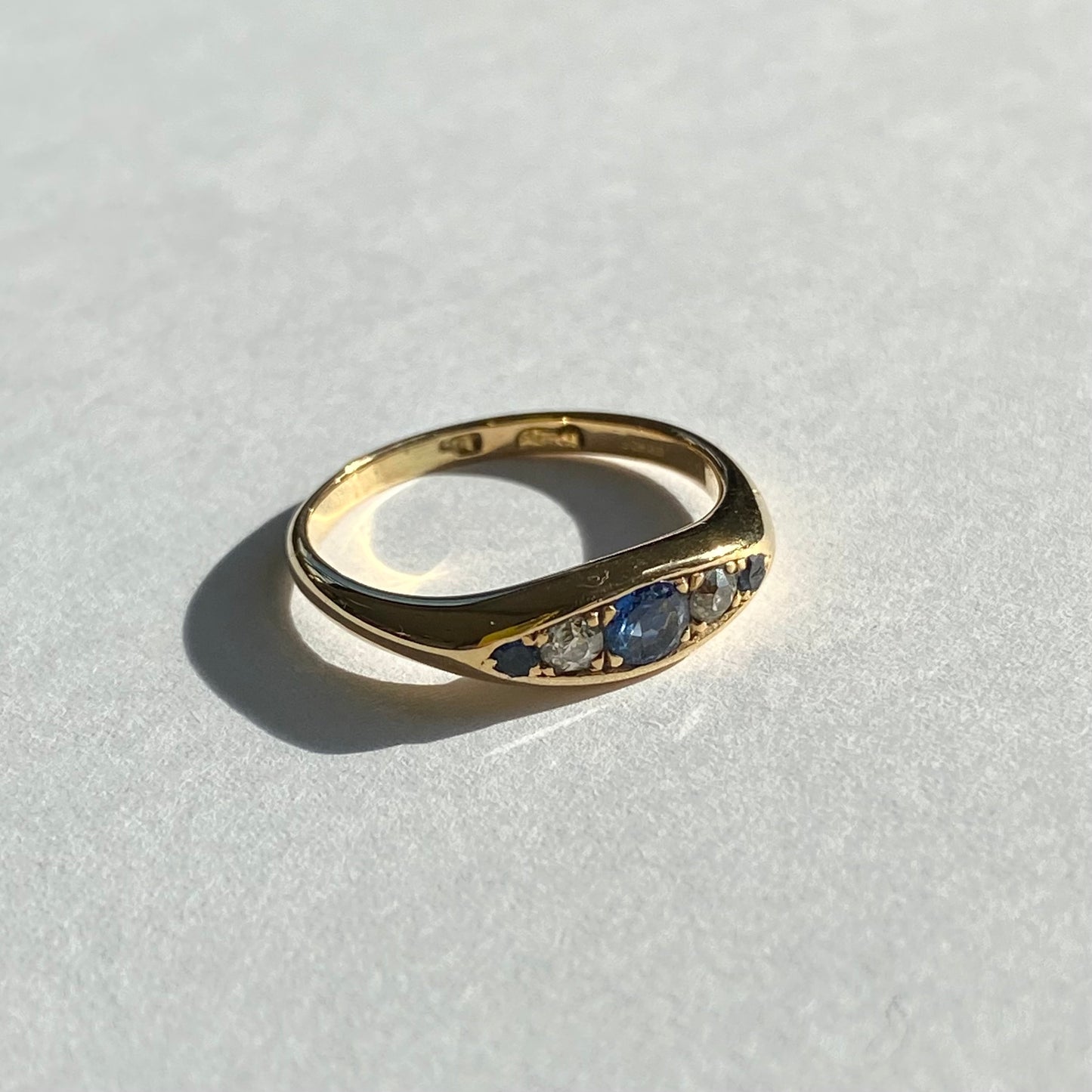18ct Gold, Diamond and Sapphire Boat Ring | Size UK M.75