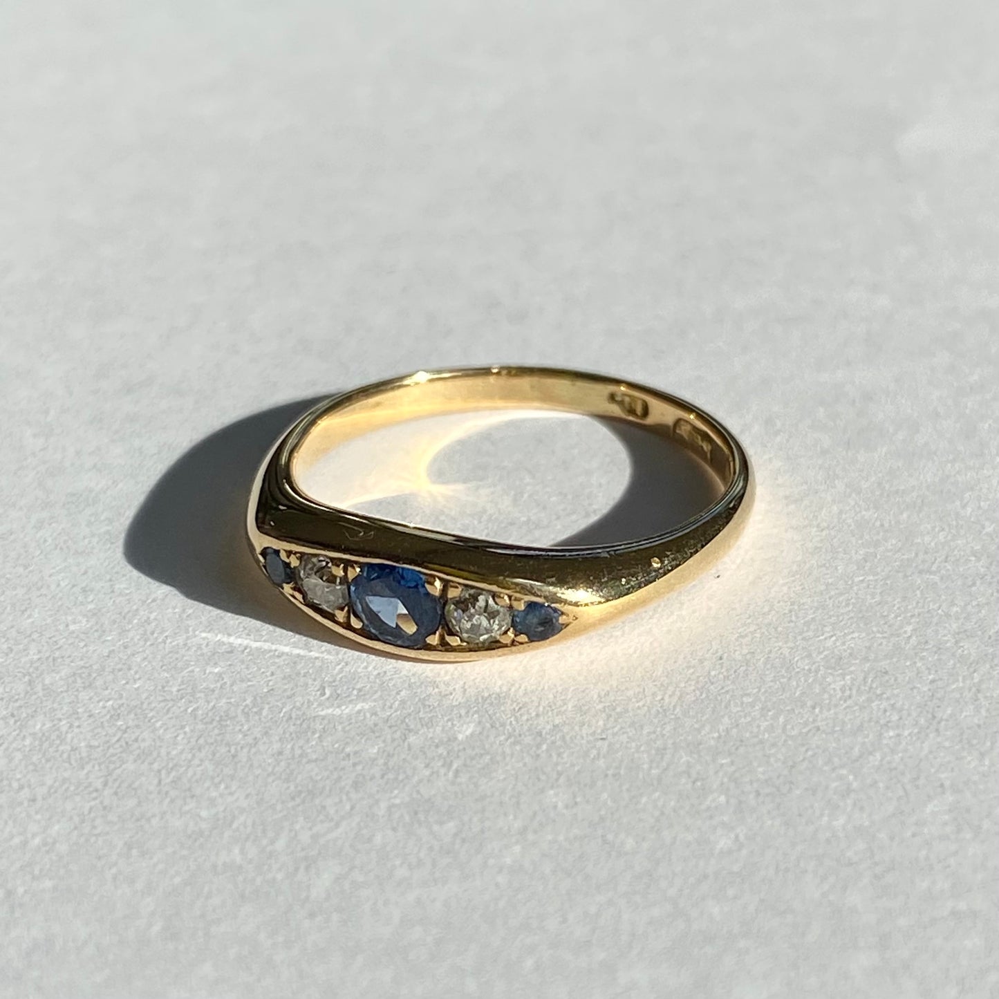 18ct Gold, Diamond and Sapphire Boat Ring | Size UK M.75