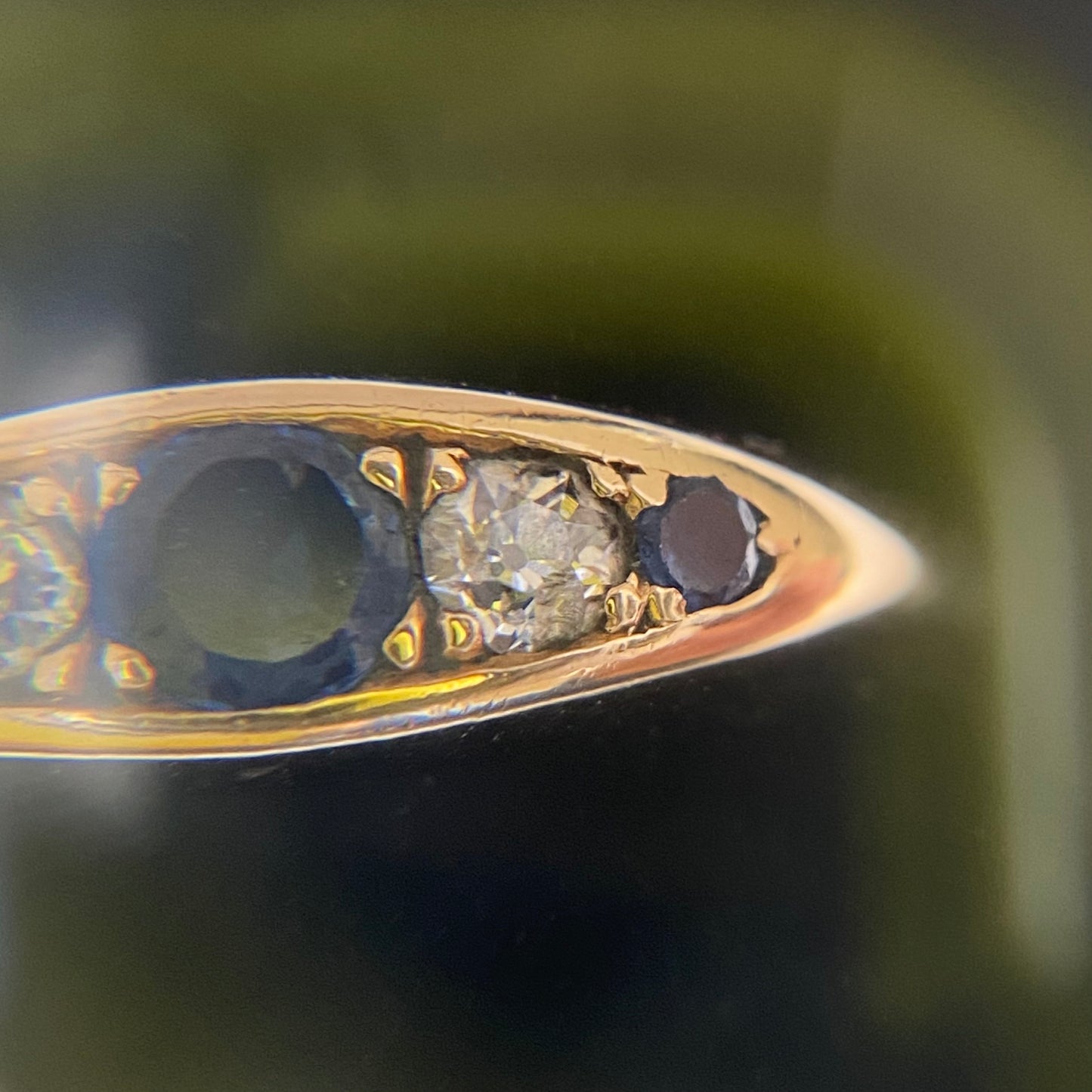 18ct Gold, Diamond and Sapphire Boat Ring | Size UK M.75