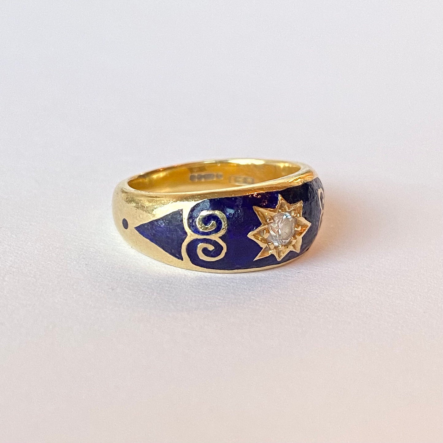 Vintage Solid 18ct Gold, Blue Enamel and Brilliant-cut Diamond Starburst Ring | Size UK K.5