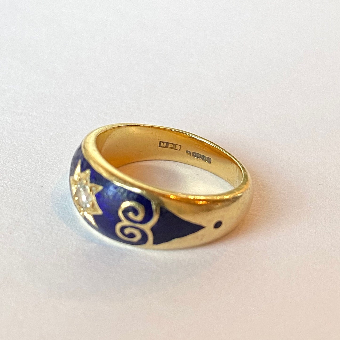 Vintage Solid 18ct Gold, Blue Enamel and Brilliant-cut Diamond Starburst Ring | Size UK K.5