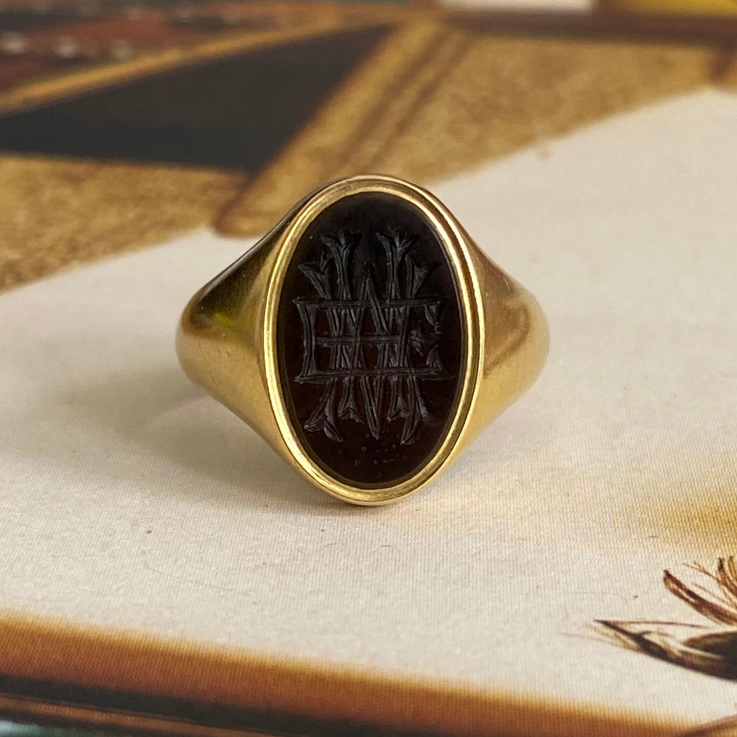 Antique 18ct Gold Carnelian Monogram Intaglio Signet Ring  |  E W M  |  Size UK K